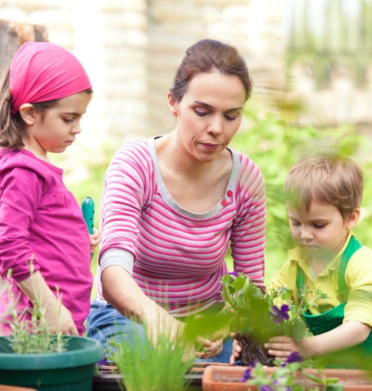 Adult gardening with two young children