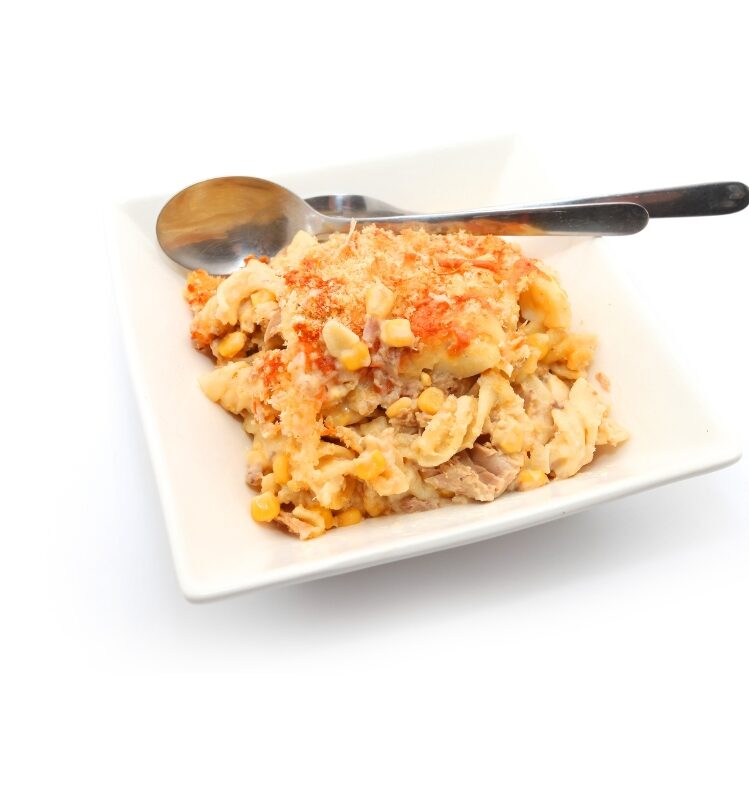 tuna mornay with spinach and smoked paprika on plate with spoon